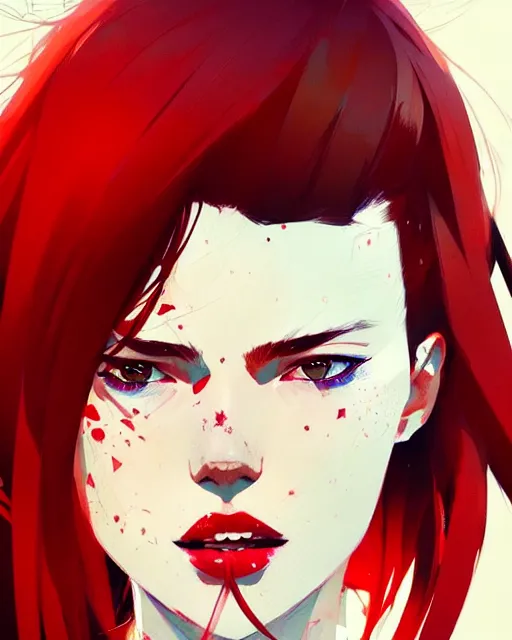 Image similar to a ultradetailed beautiful panting of a stylish woman with red bangs, by conrad roset, greg rutkowski and makoto shinkai, trending on artstation