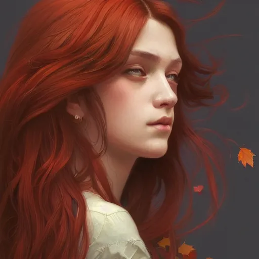 Image similar to girl with super long hair, hair becoming autumn red leaves, intricate, highly detailed, digital painting, artstation, concept art, smooth, sharp focus, illustration, unreal engine 5, 8 k, art by artgerm and greg rutkowski and alphonse mucha