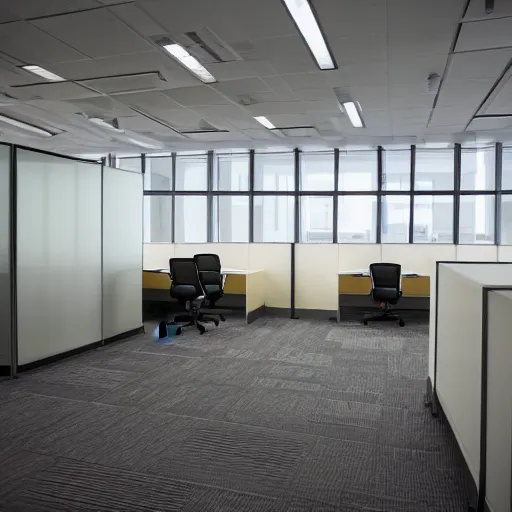 Image similar to empty office, empty cubicles, color photograph