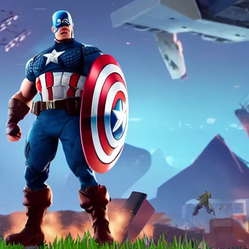 Image similar to John Cena wearing captain America's uniform, as a Fortnite character, cinematic, detailed