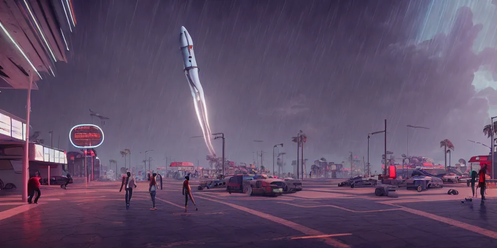 Prompt: a futuristic traditional mexican colony, no people on the streets, blade runner 2 0 4 9 city architecture, cyberpunk mexican futuristic colonial architecture, spacex starship rocket launch site, environmental lighting, stormy weather, ray tracing, people walking on street, amazing view, highly detailed, heavy traffic, neon shops, octane render, unreal engine 5, 4 k