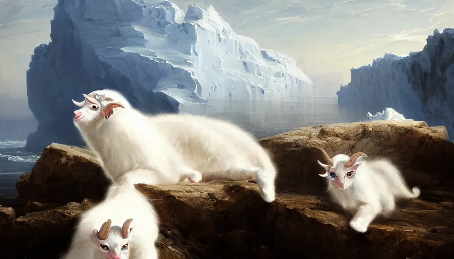 Prompt: highly detailed painting of white giant majestic chimera goat kitten seals on a blue and white iceberg by william turner, by greg rutkowski, by william constable, thick brush strokes and visible paint layers, 4 k resolution