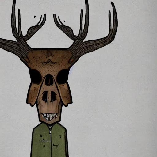 Image similar to creepy screenshot from rusty lake, man wearing a deer skull, dark, disturbing, ominous
