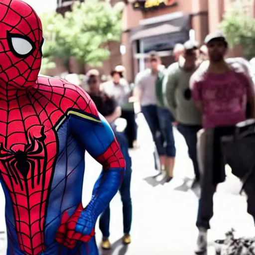 Image similar to spiderman standing in line at starbucks, photorealistic