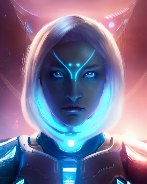 Image similar to perfect android girl on a mothership, warframe armor, beautiful face, scifi, futuristic, galaxy, nebula, raytracing, dreamy, long white hair, blue cyborg eyes, sharp focus, cinematic lighting, highly detailed, artstation, divine, by gauthier leblanc, kazuya takahashi, huifeng huang