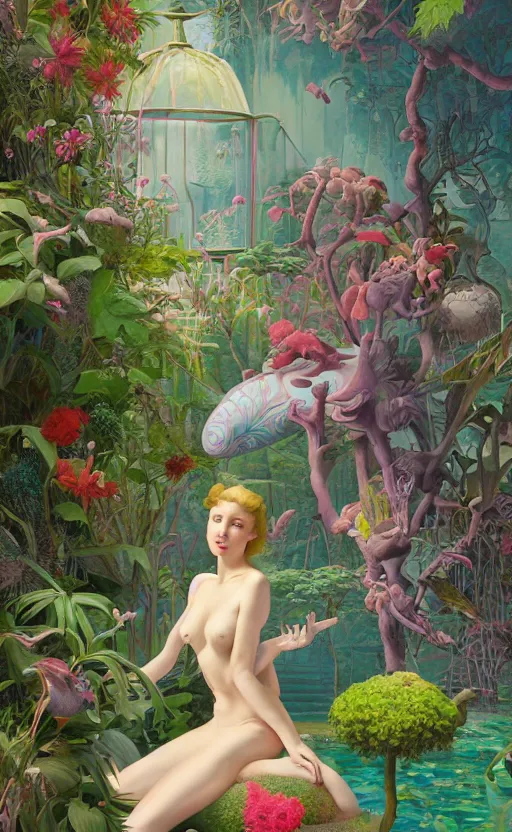 Image similar to a secret garden with a big pool, very coherent, painted by gil elvgren, wayne barlowe, painted by james gilleard, airbrush, art by james jean, surrealist art, houdini algorithmic generative art