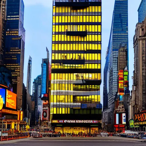 Image similar to a magnificent building of le Corbusier built in the middle of Time Square, gold hour, high quality, 4k