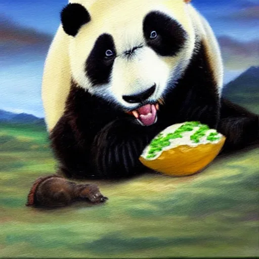 Prompt: panda eating a dinosaur, oil painting