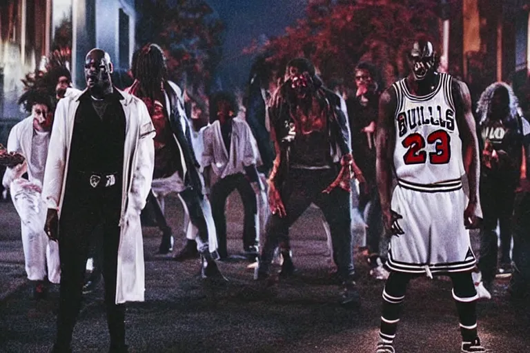 Prompt: night photograph of michael jordan in the thriller music video, outdoors, in the street, at night, dancing, zombies, chicago bulls, wide shot