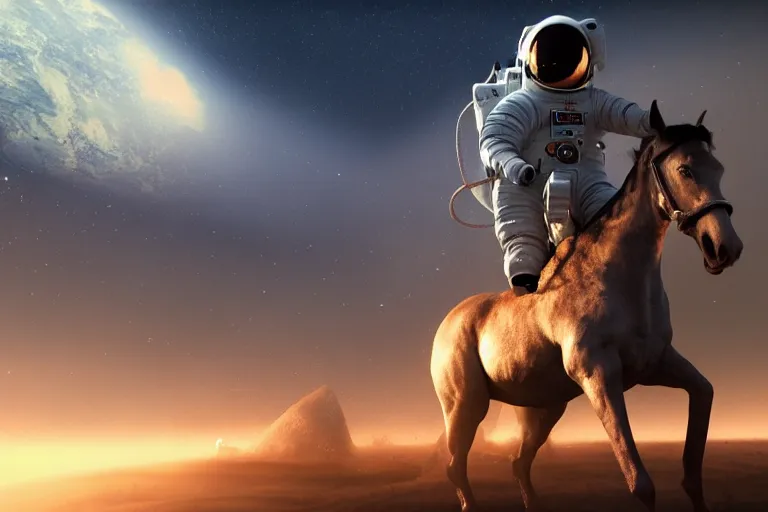 Image similar to astronaut is under the horse, 4 k, ultra details, cinematic, epic style, beautiful photo, hyper realistic, octane render, unreal engine, award winning, on artstation, volumetric lightning, masterpiece, golden hour,