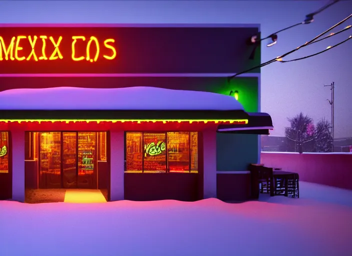 Prompt: exterior photo of a mexican restaurant, neon lights, in a flat snowy field. 35mm. Very detailed 8k. Sharp. Cinematic post-processing. Unreal engine. Nanite. Ray tracing. Parallax. Tessellation