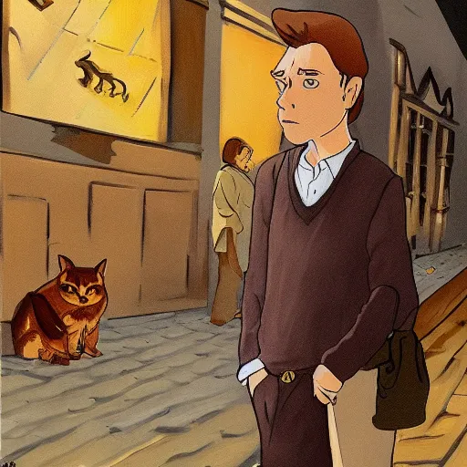 Prompt: the artists of montmartre paris, ewan mcgregor is watching paintings carrying a brown cat with yellow eyes, digital art, by ghibli studios