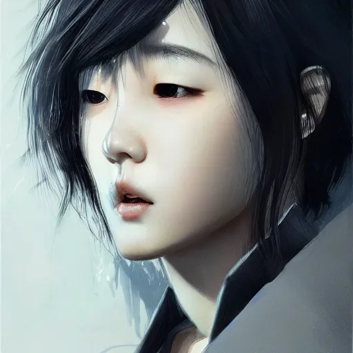 Image similar to portrait of a beautiful korean girl wearing a men's tuxedo, with bangs, very long hair and bangs, angular features, angry expression, dramatic lighting, illustration by Greg rutkowski, yoji shinkawa, 4k, digital art, concept art, trending on artstation