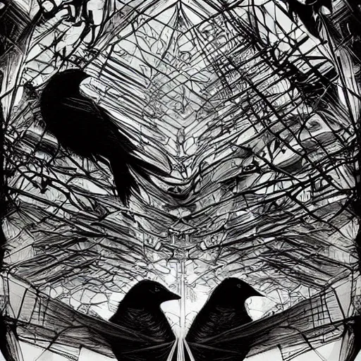 Image similar to crows at a architectural complex with an occult witch by Android Jones and M. C. Escher collaboration, futurist, digital art, dramatic lighting, symbolic