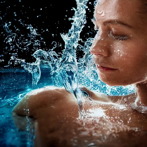 Prompt: spillin water creating a human head out of water, on the ocean water, ray tracing, realistic water sharp focus, long shot, 8 k resolution, cinematic, amazing water art