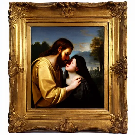 Image similar to 1 8 th oil panting of a jesus kissing with maria maddalena