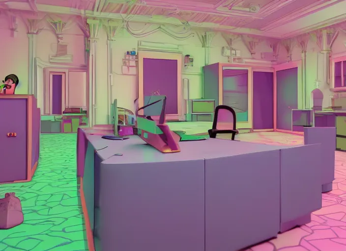 Image similar to steven universe inspired stanley parable office backrooms, creepy but colorful render, intricate detail, castle oblivion, normal workplace office, pastel 8 0 s, uhd