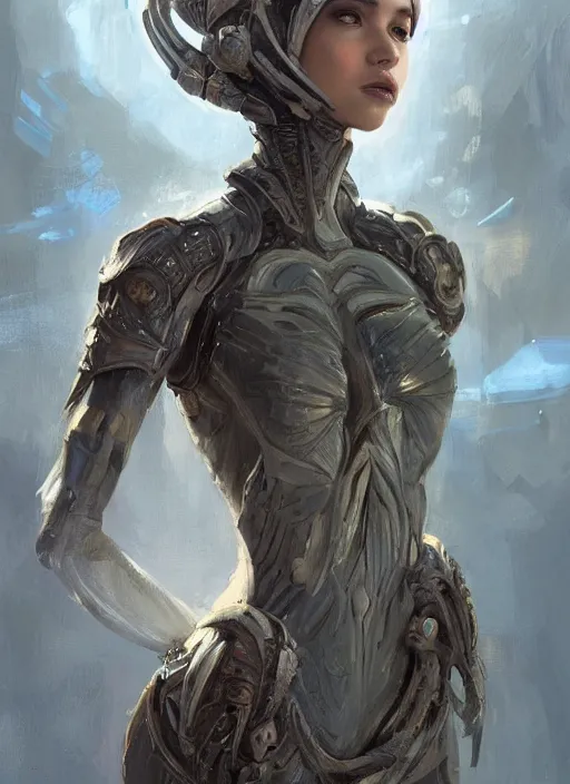 Image similar to a professional painting of a beautiful young female alien, clothed in ethereal armor, olive skin, long dark hair, beautiful bone structure, symmetrical facial features, intricate, elegant, digital painting, concept art, smooth, sharp focus, illustration, from Valerian and the City of a Thousand Planets, by Ruan Jia and Mandy Jurgens and Artgerm and William-Adolphe Bouguerea