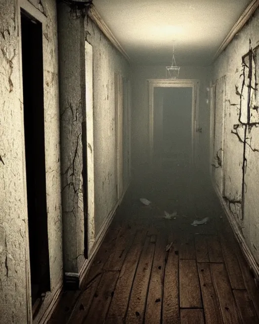 Image similar to Resident Evil 7, American gothic interior, mold growing on walls, wooden floor, atmospheric, nighttime scene, photorealistic narrow hallway with broken windows, horror