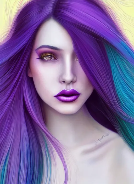 Image similar to Portrait of a woman with bright colored flying hair, all shades of purple. Hair coloring, beautiful lips and makeup. Hair fluttering in the wind, amber eyes, face, long hair, fantasy, intricate, elegant, highly detailed, digital painting, artstation, concept art, smooth, sharp focus, illustration, art by artgerm and greg rutkowski and alphonse mucha