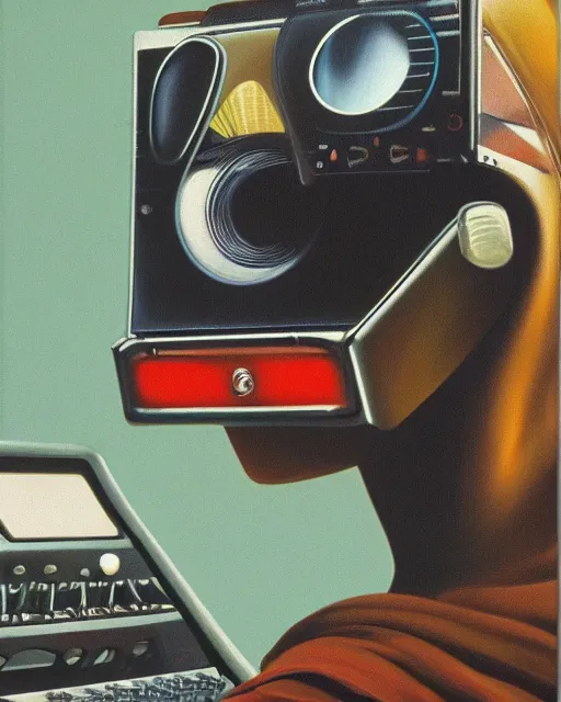 Prompt: a chrome face observing 8 0 s era technology, vintage shapes, retro technology, vintage color, wayne barlow, oil on canvas, deep depth of field, masterpiece, cinematic composition, hyperdetailed