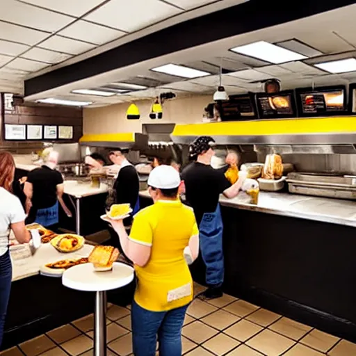 Image similar to busy wafflehouse interior with customers eating breakfast and wafflehouse employees serving food and cooking behind countertop