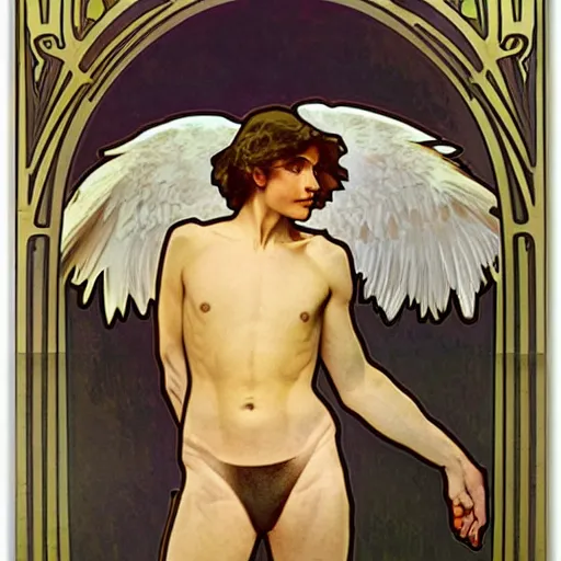 Image similar to ultra realistic illustration of young winged boy angel, full body, male body, elegant study, art nouveau poster by alphonse mucha