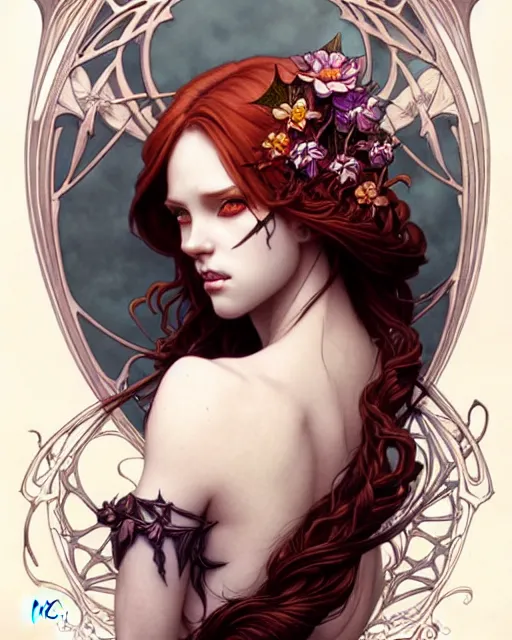 Prompt: succubus ginger portrait, art nouveau, fantasy, intricate flower designs, elegant, highly detailed, sharp focus, art by Artgerm and Greg Rutkowski and WLOP