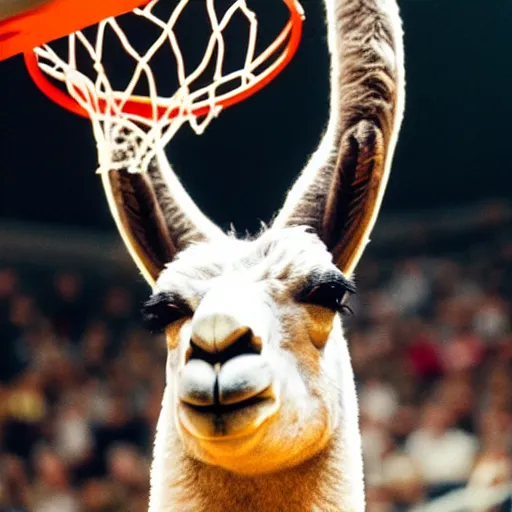 Image similar to film still of a llama in a jersey dunking a basketball like michael jordan, low angle, show from below, tilted frame, 3 5 °, dutch angle, extreme long shot, high detail, indoors, dramatic backlighting.