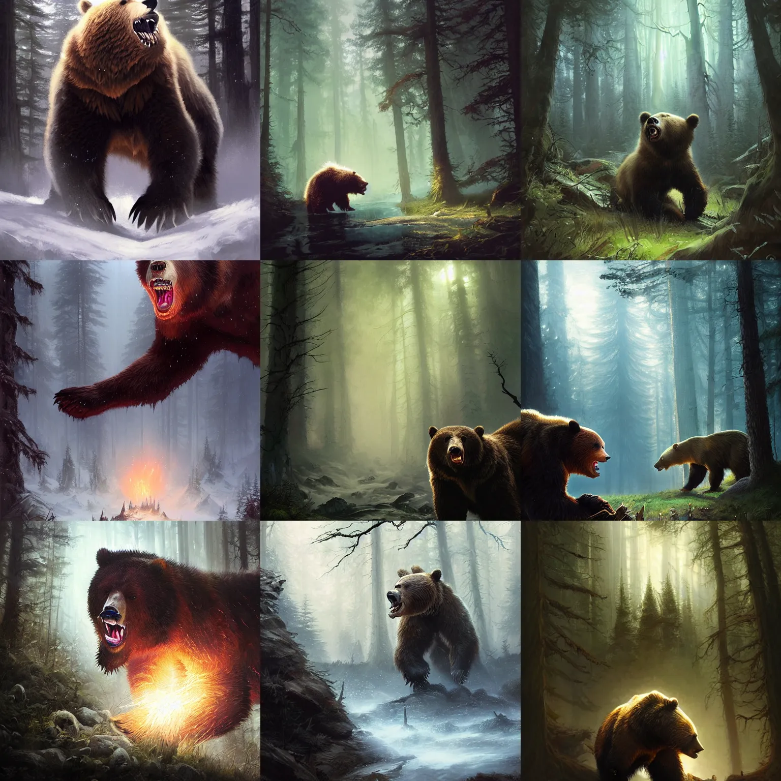 Prompt: fantasy painting of close charging bear, roaring, open mouth, teeth, magical marks and glowing magical wisps, dark forest in background, painted by greg rutkowski and andreas rocha