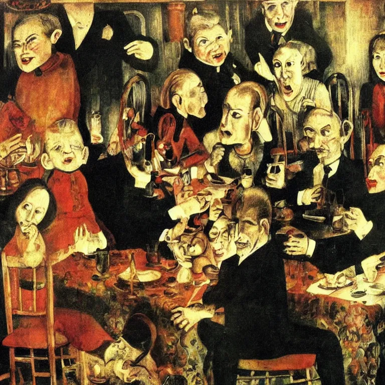 Image similar to Unhappy family gathered at the dinner. Painting by Otto Dix