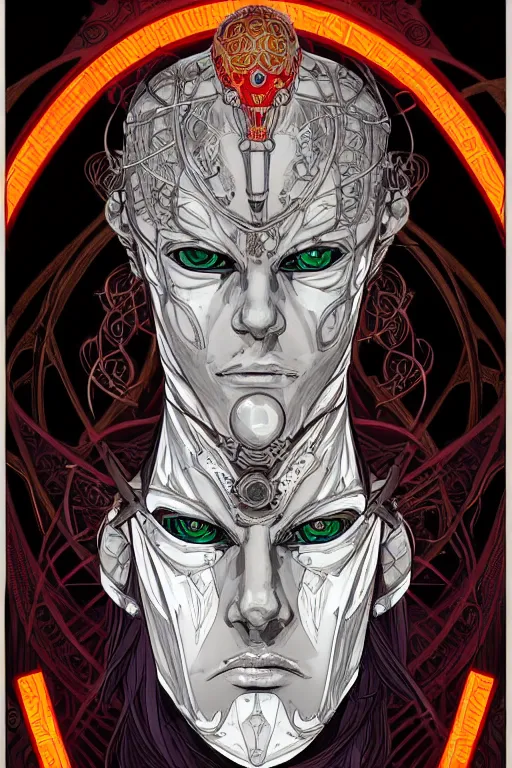 Image similar to a stunning and hypnotic full-color art nouveau and cyberpunk styled bust portrait of elric as a godlike and stoic chaos king, with violent conquering red eyes, extremely detailed aquiline facial structure, art nouveau cybernetic armor and an intricately detailed black sword of magical power, perfectly symmetrical albino facial structure and linework, handsome alien facial characteristics, by travis charesyt, michael kaluta, michael whelan and bill sienkiewicz, dark sci-fantasy, deep complexity, male face and bust, sci-fi character concept, photorealism, art nouveau framing, stunning lighting, hyperrealism, 8k