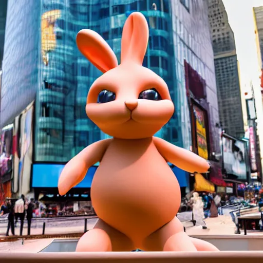 Image similar to an award winning clay sculpture of a funny bunny made by michelangelo, standing in times square, 3 d render, hyper detailed, sharp focus, 8 k resolution