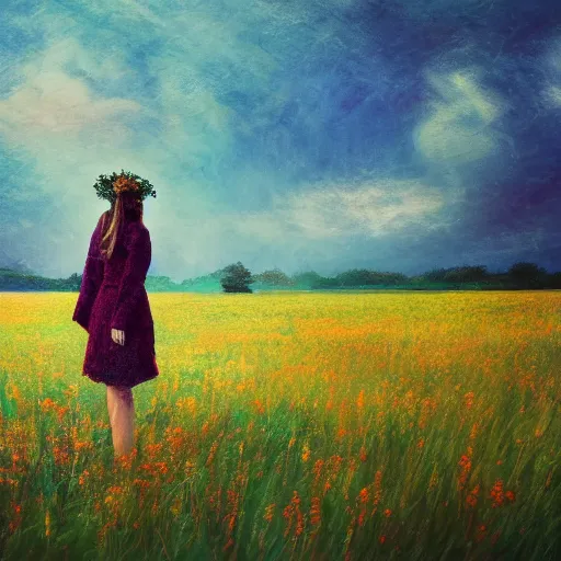 Prompt: woman standing in field, mattepainting, artstation, impressionism, flower head