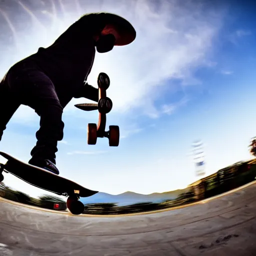 Prompt: knight in shining armor doing sick flips on a skateboard, fisheye lens, photo, realistic, bright lighting