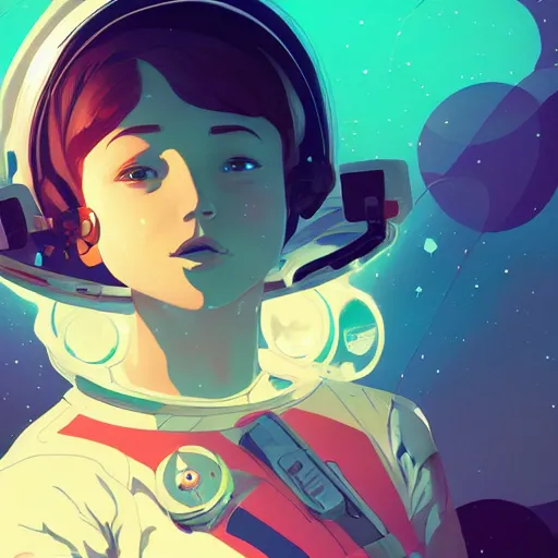 Image similar to an astronaut lost in orbit, a look of wonder on her face, ambient lighting, 4 k, lois van baarle, ilya kuvshinov, rossdraws, alphonse mucha, jung gi kim, artstation