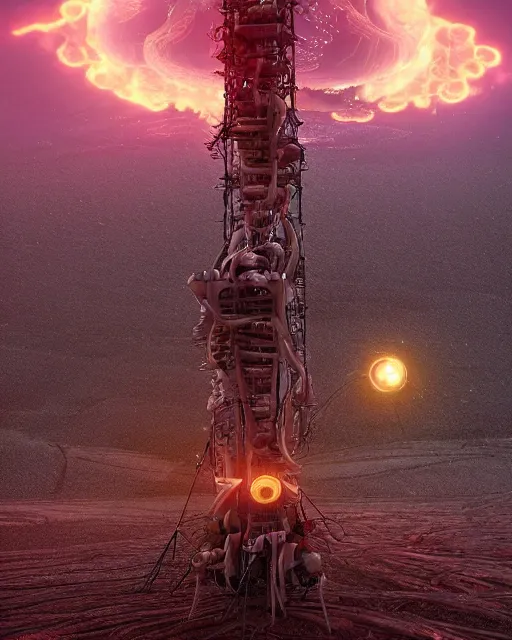 Image similar to a glowing female spirit of mother nature screams out in agony. drilling rigs bore into the earth in the background. wide shot, detailed, sharp, 8 k, award winning digital art by beeple.