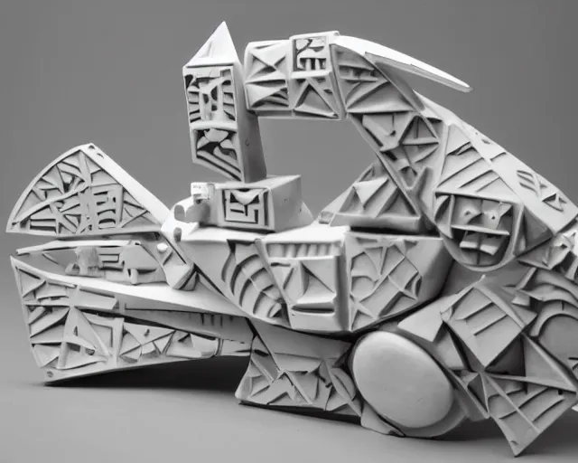 Prompt: photo of minimalist abstract cubist sculpture of curvy spaceship with random small mecha mayan carvings, covered with few large white airplane parts