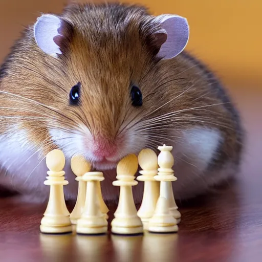 Prompt: a happy hamster playing chess