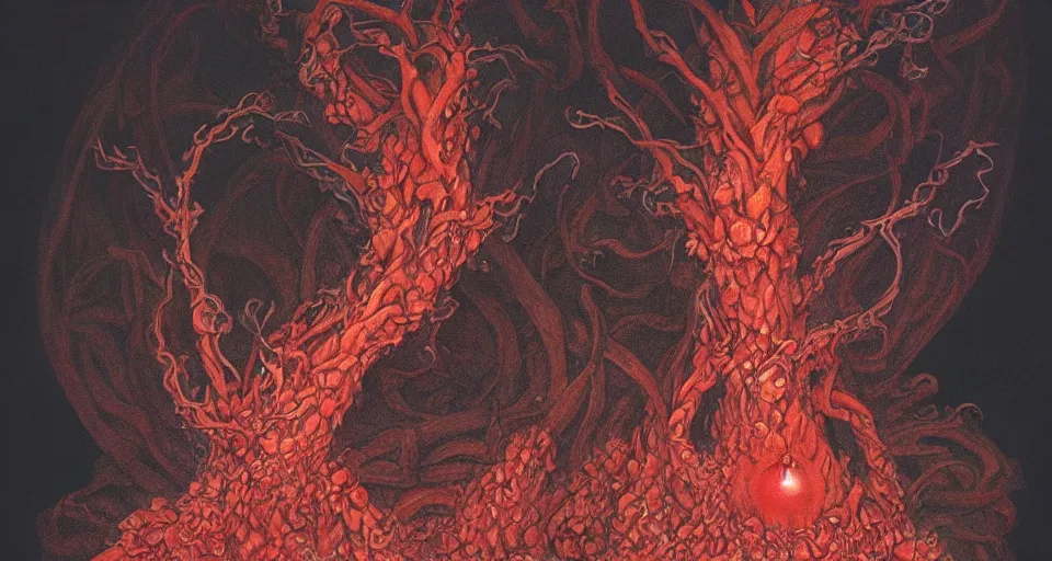 Prompt: a volcano made of ivory vines and crimson rocks enters in eruption, it spits a smoke in the shape of demonic eye, by Brian Froud