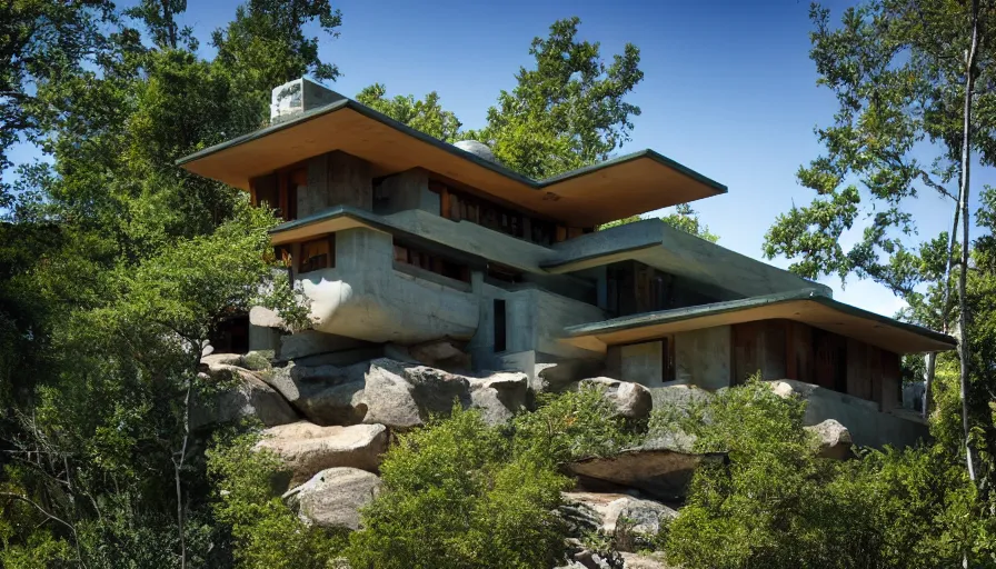 Image similar to small modern house, tibetan inspired architecture, on a green hill between trees and big boulders, frank lloyd wright, photorealistic, cyberpunk