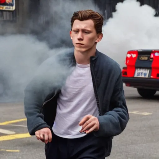 Prompt: tom holland getting arrested while exhaling a cloud of smoke, candid photography