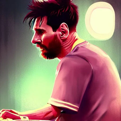 Prompt: lionel messi playing poker, pink short shorts, combat boots, basic white background, symmetrical, single person, style of by jordan grimmer and greg rutkowski, crisp lines and color,