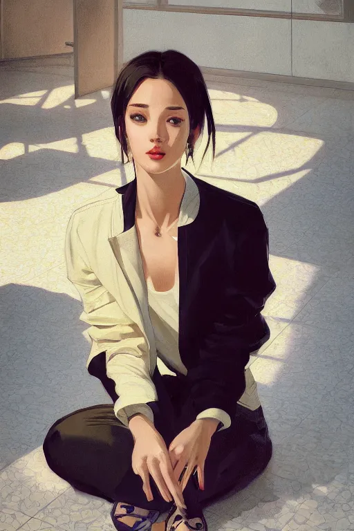 Image similar to a ultradetailed beautiful panting of a stylish woman sitting on the floor in a tiled room, she is wearing an oversized jacket, night time, oil painting, by ilya kuvshinov, greg rutkowski, guweiz and makoto shinkai