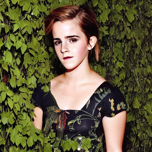 Image similar to enranged emma watson tangled and stuck in jungle vines