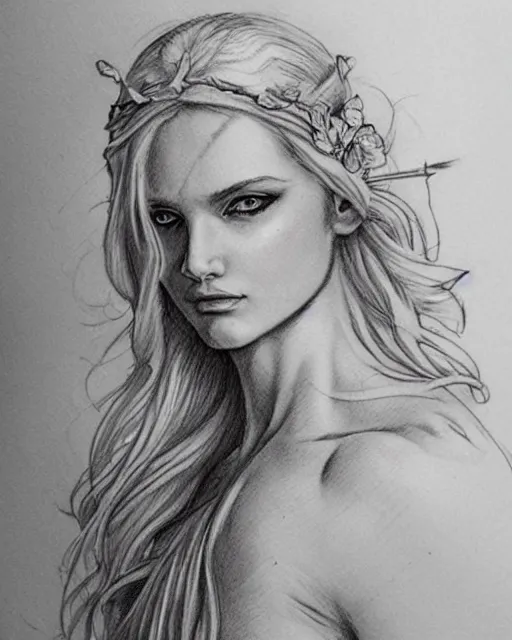 Prompt: tattoo sketch of beautiful greek goddess aphrodite, bow and arrow, beautiful piercing eyes, flowing blonde hair, realistic face, hyper realistic, in the style of greg rutkowski, fantasy, amazing detail, epic, intricate, elegant, smooth, sharp focus