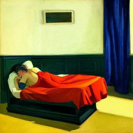 Image similar to a stable diffusion user refusing to sleep even though he can ’ t feel his eyes. in the style of regret and edward hopper. goodnight dreamers 👋💤.