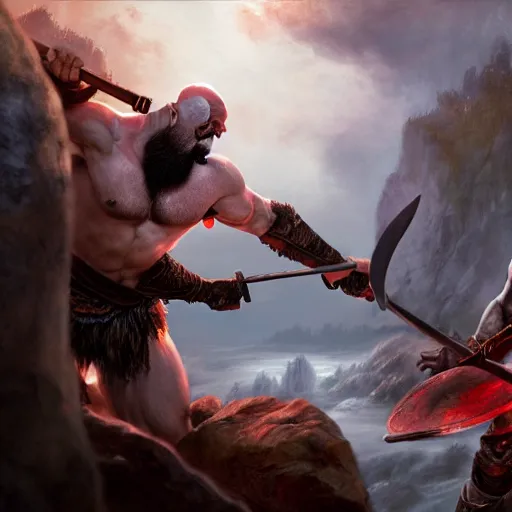 Prompt: Kratos fighting with Zeus in hellheim, God of War, extremely detailed digital painting, in the style of Fenghua Zhong and Ruan Jia and jeremy lipking and Peter Mohrbacher, mystical colors, rim light, beautiful Lighting, 8k, stunning scene, raytracing, octane, trending on artstation