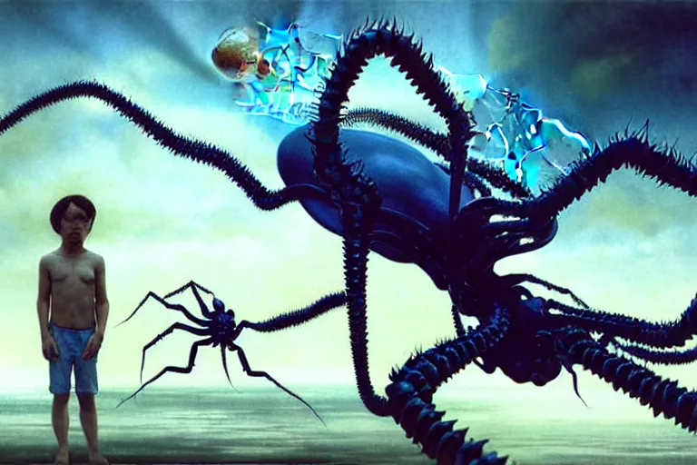 Prompt: realistic detailed photorealistic film portrait shot of a ghost kid playing with giant spider, futuristic sci-fi landscape on background by Denis Villeneuve, Amano, Yves Tanguy, Alphonse Mucha, Ernst Haeckel, Max Ernst, Andrei Tarkovsky, Edward Robert Hughes, Roger Dean, necklace, dynamic pose, rich moody colours, wide angle, blue eyes