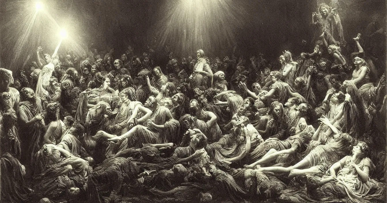 Prompt: human spirits sit in the cinema and watch very deeply the light of consciousness projecting their lives on the big wide screen, realistic image full of sense of spirituality, life meaning, meaining of physical reality, happy atmosphere, by Gustave Dore